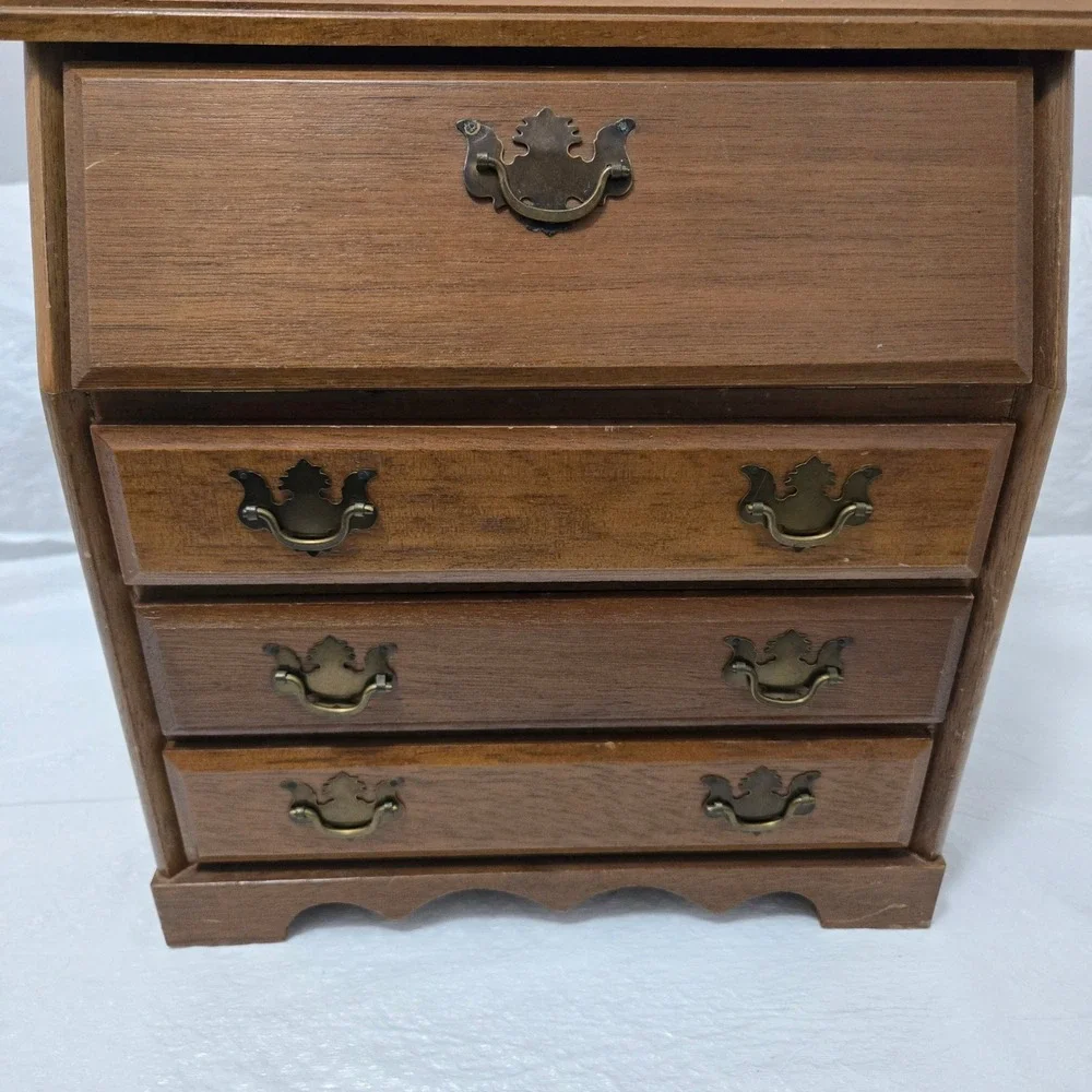 Vintage Wooden Miniature Secretary Desk Jewelry Box 4 Drawer Brass Pulls Brown